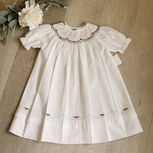 RARE DETAILS White Smocked Feltman Brother Bishop Dress Red Green Embroidery NWT